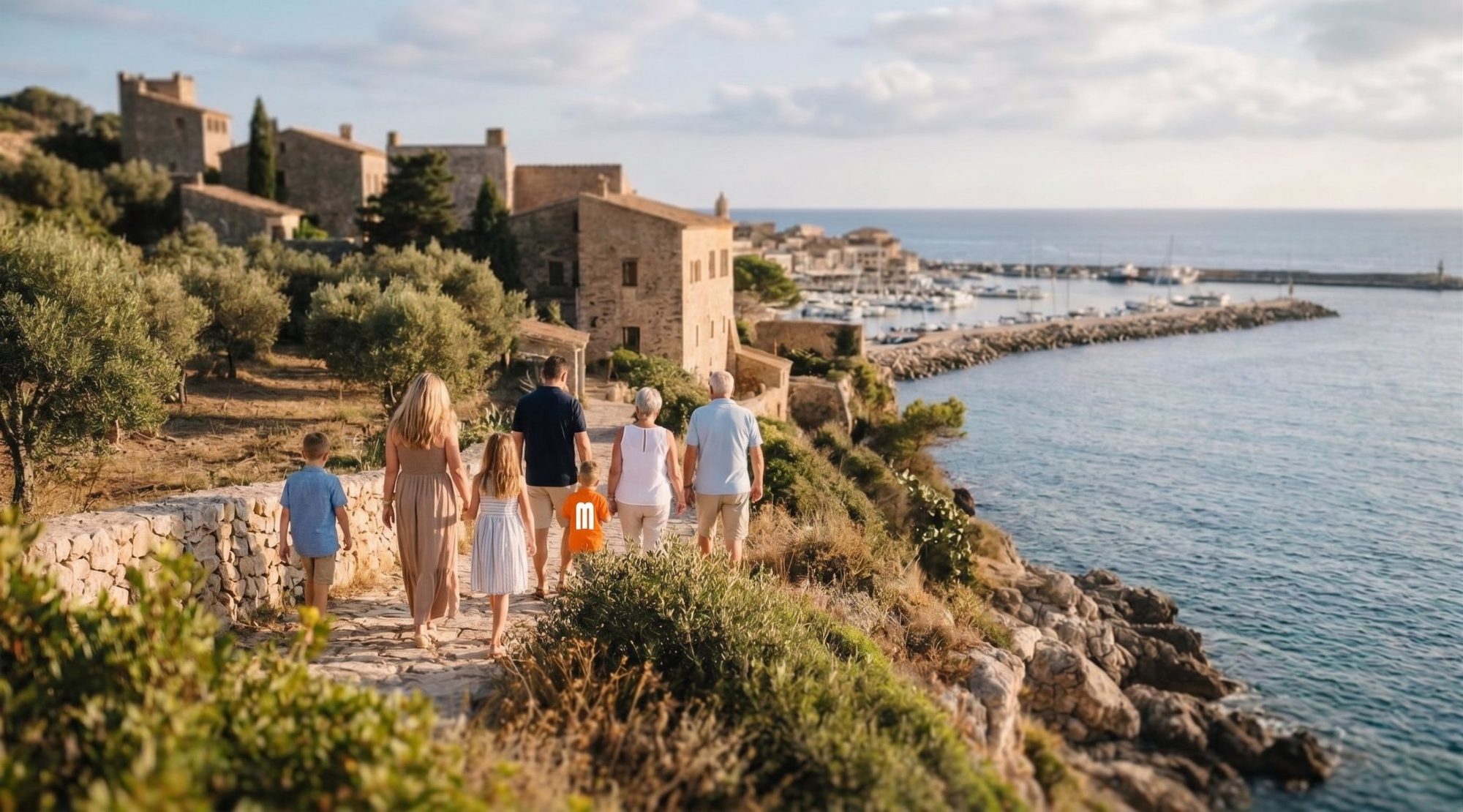 Three generations of a family walking a stone path above a Mediterranean harbor