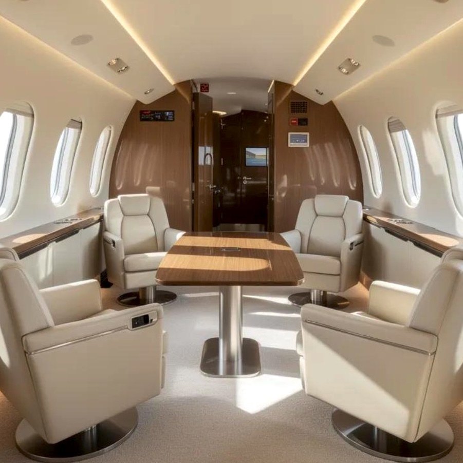 A private jet cabin with four cream leather club seats around a wood table