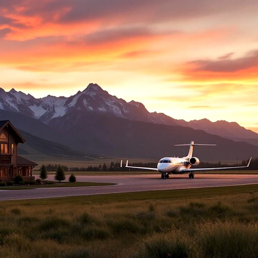 A private jet on a mountain airstrip beside a lodge at sunset