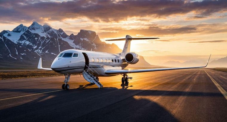 A private jet on a runway at sunset